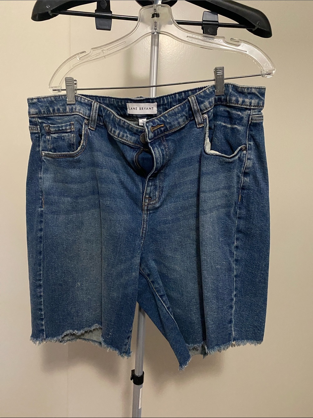 Lane Bryant Medium Blue Boyfriend Denim Shorts with Frayed Hem